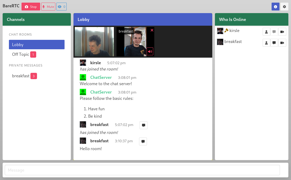 Screenshot of BareRTC
